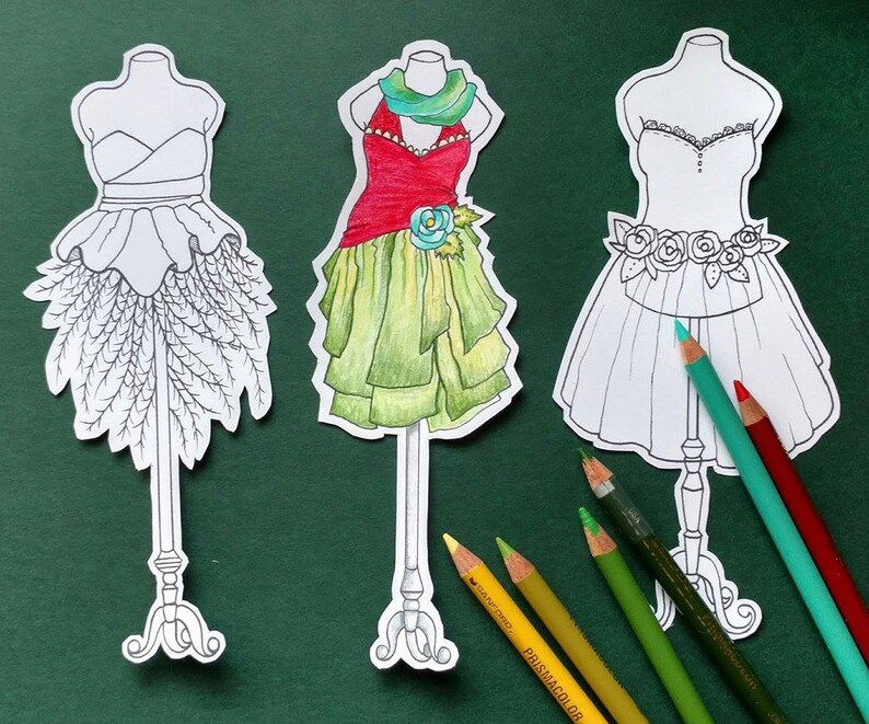 printable coloring page dresses bookmark set download instant
