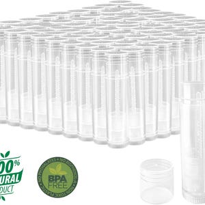 May include: A bulk pack of 50 clear plastic tubes, each measuring approximately 1.5 inches in height and 0.5 inches in diameter. The tubes are ideal for storing small items like lip balm, essential oils, or craft supplies. The tubes are made of BPA-free plastic and are reusable.