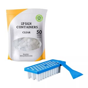 May include: A package of clear lip balm containers with the text "Lip Balm Containers Clear 50 Units 0.15 oz" and a blue and white lip balm filling tool.