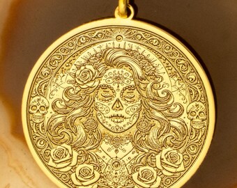 14k Solid Gold Sugar Skull Necklace: Lady Death Design - Día de los Muertos Style