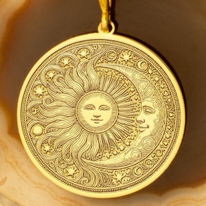 Sun and Moon Necklace - Celestial Harmony Pendant - Gold Plated Medallion - Spiritual Astrology Jewelry