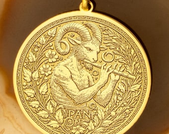 14k Solid Gold Greek Satyr Necklace: Pan God Medallion - Silver or Gold Finish