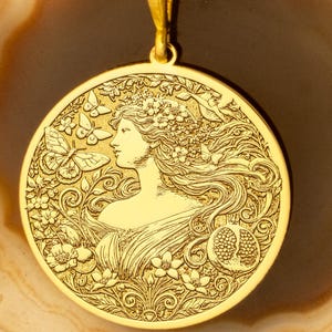 Persephone Necklace - Goddess of Spring & Underworld Pendant - Gold Plated Medallion - Greek Mythology Jewelry