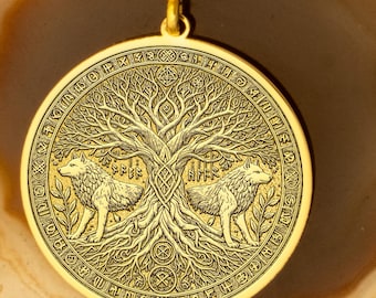 14k Solid Gold Yggdrasil Necklace: Gold-Plated Norse Mythology - World Tree & Wolves