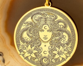 14k Solid Gold Medusa Pendant Necklace - Fierce Gorgon Face, Gold Tone