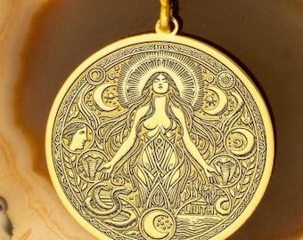 14k Solid Gold Lilith Pendant: Silver Crescent Moon and Serpent Design