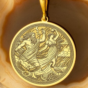 Gold Plated Zeus and Hera Medallion Necklace - Thunderbolt and Crown Symbol Pendant