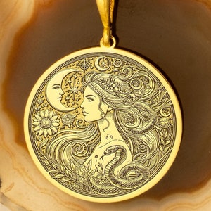 Gold Plated Lilith Medallion Necklace: 925 Sterling Silver Goddess Pendant