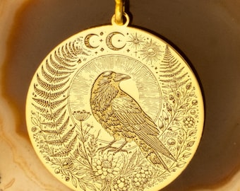 Raven Necklace - Mystic Wisdom Pendant - Gold Plated Medallion - Norse  Celtic Jewelry