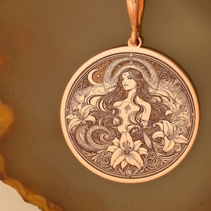 Gold Plated Lilith Medallion Necklace - Crescent Moon and Serpent Goddess Pendant