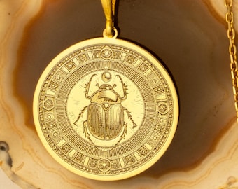 14k Solid Gold Scarab Necklace: Gold Plated Egyptian Beetle - Spiritual Protection