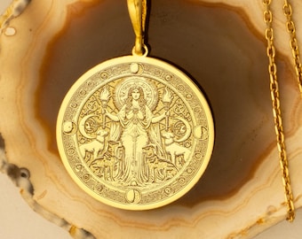 14k Solid Gold Hecate Goddess Medallion: Sterling Silver Triple Moon Pendant