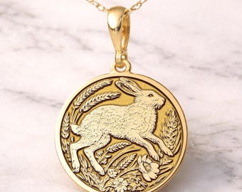 14k Solid Gold Celtic Hare Necklace, Rabbit & Nature Symbol