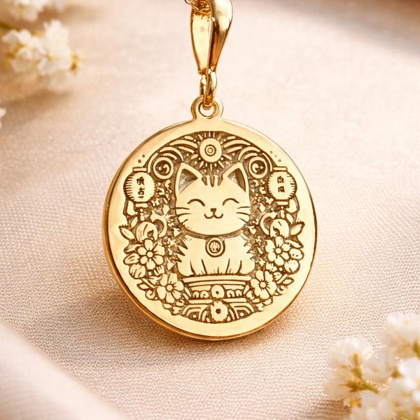 14k Solid Gold Maneki Neko Necklace – Lucky Cat Pendant, Japanese Good Luck Charm