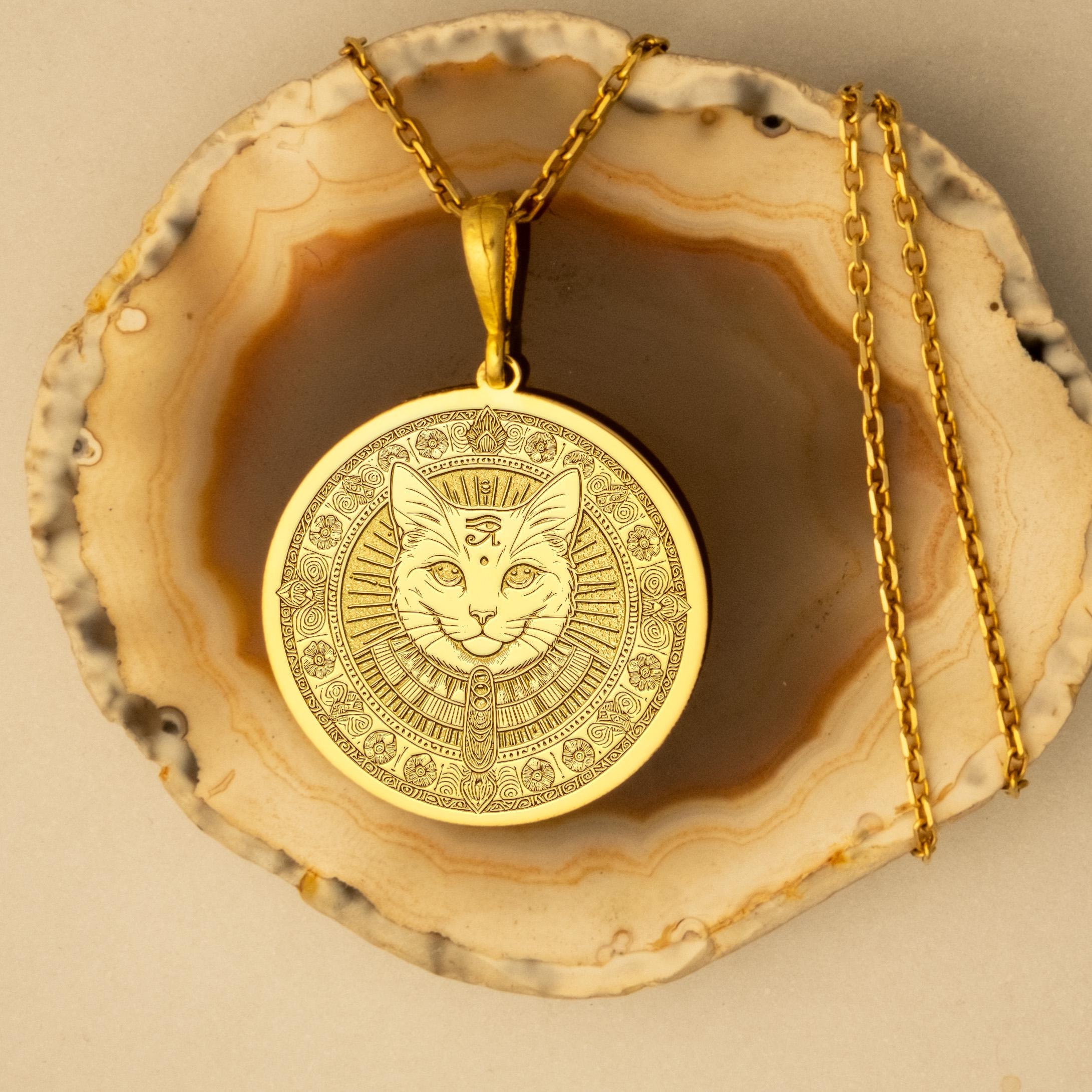 Gold Plated Bastet Cat Medallion Necklace - Egyptian Goddess of Protection, Wisdom & Power
