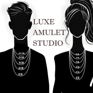 May include: Silhouettes of two people wearing necklaces with different lengths, showing the available sizes in centimeters. The text "LUXE AMULET STUDIO" is displayed above the images.