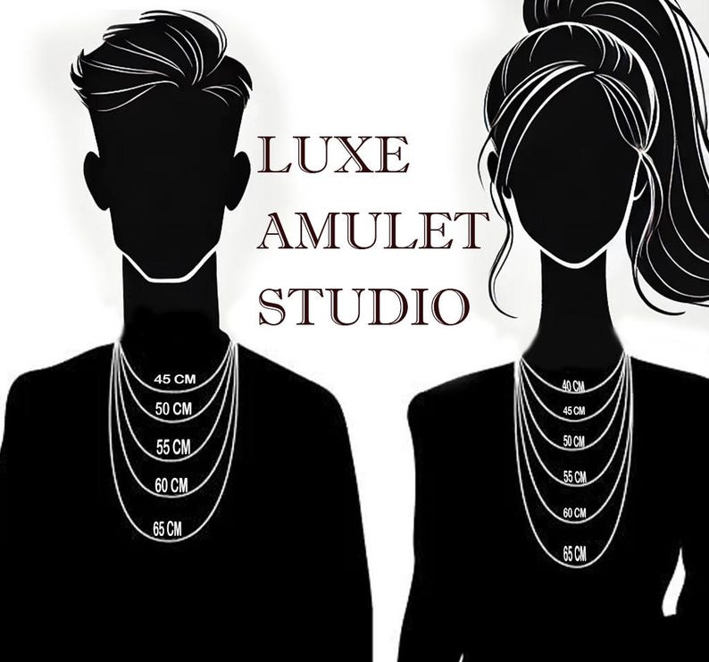 May include: Silhouettes of two people wearing necklaces with different lengths, showing the available sizes in centimeters. The text "LUXE AMULET STUDIO" is displayed above the images.