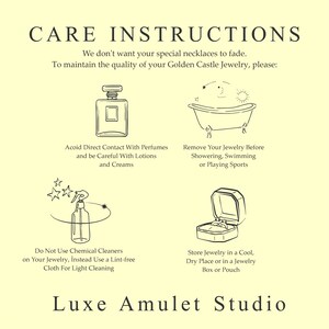 May include: A black and white illustration of care instructions for jewelry. The instructions include avoiding direct contact with perfumes and lotions, removing jewelry before showering or swimming, storing jewelry in a cool dry place, and using a lint-free cloth for cleaning. The text reads "Care Instructions" and "Luxe Amulet Studio".