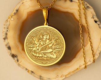 14k Gold Saraswati Pendant Necklace | Hindu Goddess Jewelry