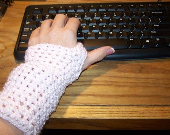 Crocheted Hand Warmers In Shimmery Pink