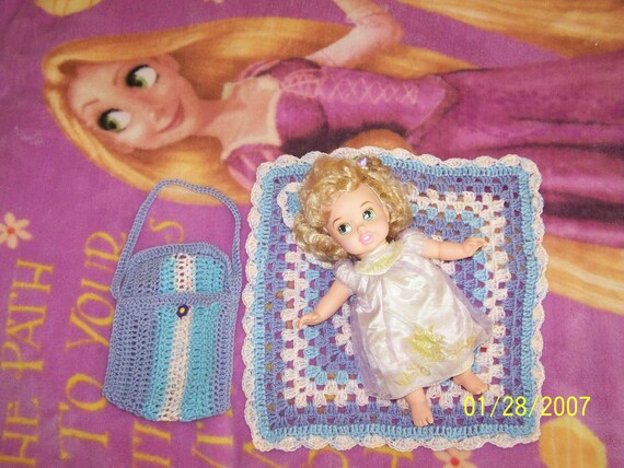 Crocheted Baby Doll Blanket Pillow and Diaper Bag