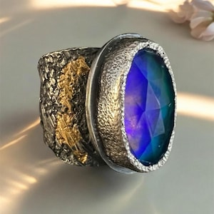 Rustic Sterling Silver Ring: 24k Gold Accents, Aurora Opal, Size US 8 image 1