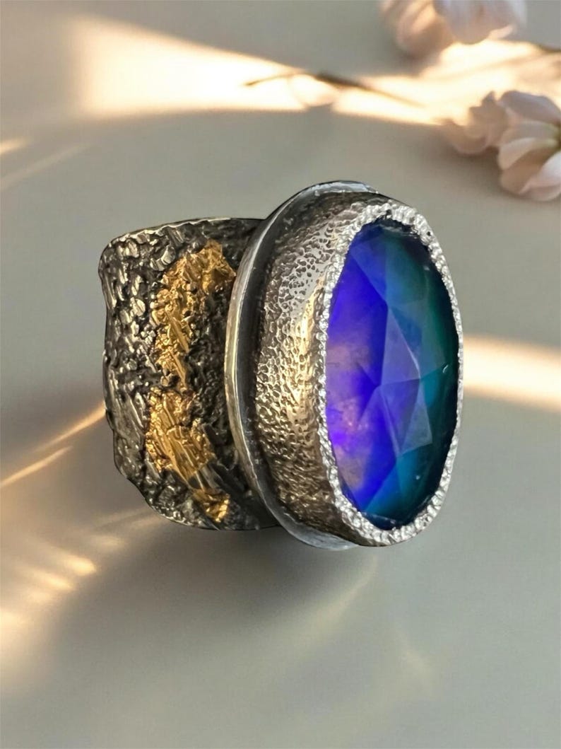 Rustic Sterling Silver Ring: 24k Gold Accents, Aurora Opal, Size US 8 image 1