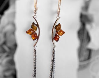 Handmade Baltic Amber Chain Earrings • Sterling Silver Drop Dangle unique Design