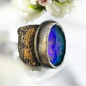 Rustic Sterling Silver Ring: 24k Gold Accents, Aurora Opal, Size US 8 image 12