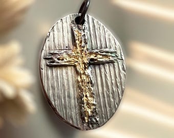 Handmade Silver Cross Pendant with 18ct Gold Accent – Rustic Round Heavy Sterling Silver Charm