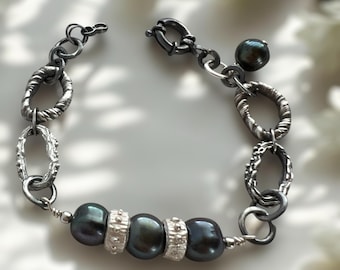 Handmade Oxidised Silver Bracelet with Pearls – Rustic Chain Bracelet – Made to Order