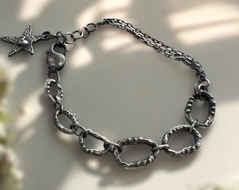 Handmade Oxidised Silver Chain Bracelet – Star Charm Optional – Rustic unisex Statement Jewellery