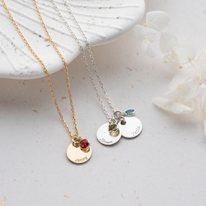 14K Gold Initial Name Necklace with Birthstone, Disc Necklace, Birthstone Letter Disc Necklace For Mom, Birthstone May Necklace Disc Pendant