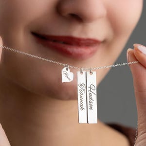 14K Gold Vertical Bar Double Name Necklace with Heart Charm, Silver Engraved Name Bar Necklace, Initial Heart Name Necklace, Family Jewelry