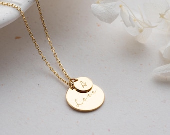 14K Gold Initial Necklace, Personalized Gold Disc Necklace, Mom Necklace with Kids Initials, Custom Engraved Pendant, Tiny Disc Necklace