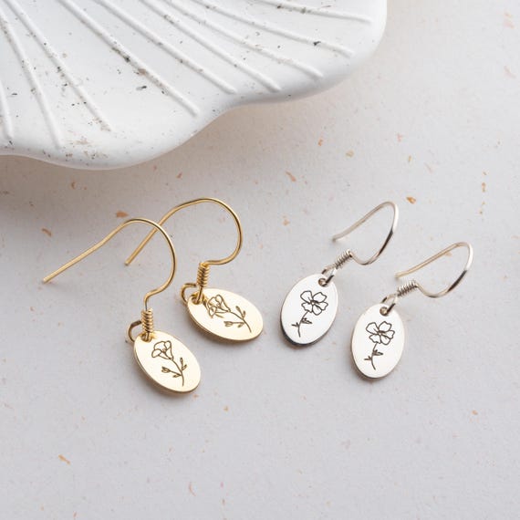 14K Gold Personalized Birth Flower Earring, Birthflowers Earring