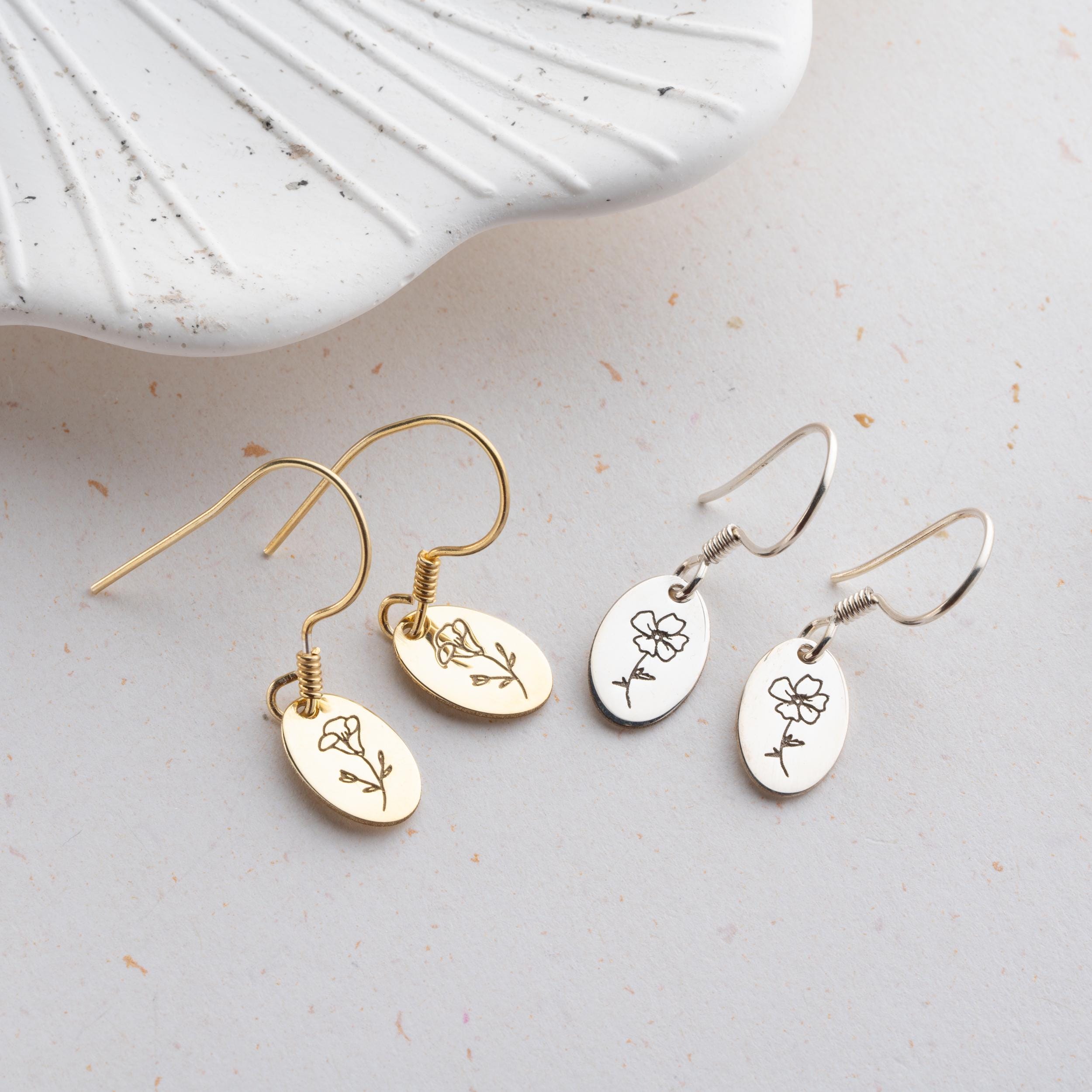 BOSHG Birth Flower Earrings 18K Gold Engraved Birth Month Flower Dangle Charm Hand Stamped Floral Oval Hoop Personalized Wishes Birthday Gift Mum Friends