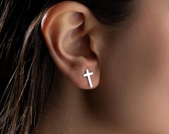 14k Solid Gold Cross Stud Earrings, Cross Earrings, Tiny Studs, Minimalist Christian Faith Jewelry, Dainty Religious Crucifix, Baptism Gift