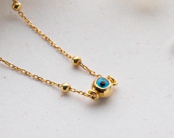 Evil Eye Ball Chain Necklace, 14K Gold Turkish Evil Eye Pendant, Nazar Blue Eye Layering Necklace, Silver Friendship Jewelry, Gift for Mom