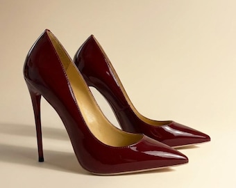 Burgundy Patent Leather Heels/ Stiletto Pumps Pointed Toe /Luxury Italian Womans Shoes