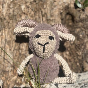 Könnte beinhalten: Ein handgefertigtes Häkelschaf-Plüschtier. Das Schaf hat einen grauen Körper, ein beiges Gesicht und beige und braune Hörner. Die Augen sind schwarz und der Mund ist beige. Das Plüschtier sitzt auf einem Stein mit Gras davor.
