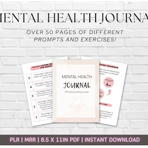 Peut inclure: Un journal de santé mentale intitulé "Mental Health Journal" avec le texte "Plus de 50 pages de différentes invites et exercices !" Le journal est présenté avec plusieurs pages montrant des invites et des exercices. Le journal mesure 21,59 x 27,94 cm.