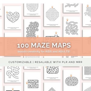 Puede incluir: Una colección de 100 mapas de laberintos en blanco y negro, con diseños variados, incluyendo un corazón, la letra K y un unicornio. Cada laberinto tiene un marcador dorado. El texto en la imagen dice "100 MAZE MAPS" y "boosts creativity for KIDS and ADULTS!"