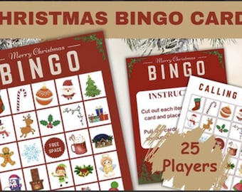 May include: Christmas Bingo cards with festive illustrations. The cards feature a red background with images of a stocking, candy cane, ornament, Santa, Christmas tree, and more. The text "CHRISTMAS BINGO CARDS" is at the top.