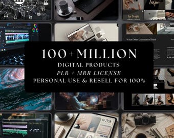 Op de afbeelding: Een collage van afbeeldingen met een centraal zwart rechthoek met witte tekst: "100+ MILLION DIGITAL PRODUCTS PLR + MRR LICENSE PERSONAL USE & RESELL FOR 100%". De omringende afbeeldingen tonen laptops, schermen en lifestylescènes.