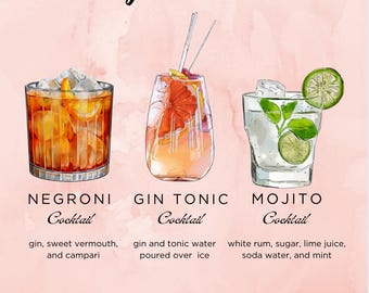 May include: A watercolor illustration of three bar signature cocktails: Negroni, Gin Tonic, and Mojito. The Negroni is in a rocks glass, the Gin Tonic in a stemmed glass, and the Mojito in a tumbler. Each drink has its ingredients listed below.