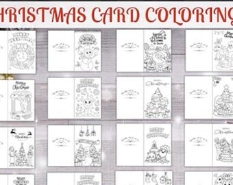 May include: A collection of Christmas card coloring pages. The cards feature various holiday-themed illustrations, including snowmen, Santa Claus, Christmas trees, and festive ornaments. The text "CHRISTMAS CARD COLORING" is displayed at the top.