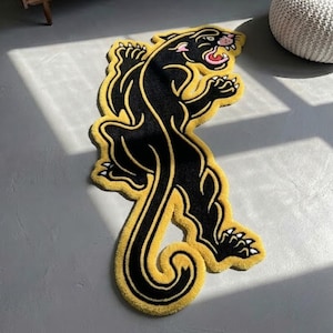 Panther Rug, Colorful Tattoo Tufted Rug, Black Panther Area Rug for Living Room Bedroom, Inked Art Statement Rug