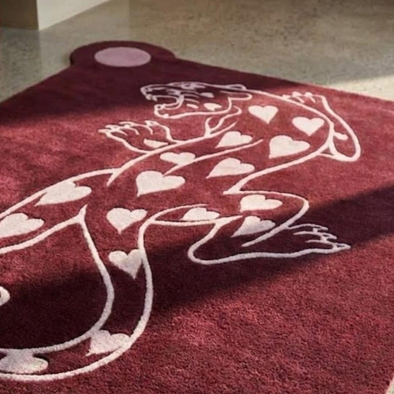 Anteater Rug Scalloped Panther Rug, Burgundy Animal Print Area Rug, Tattoo Rug Decor ...