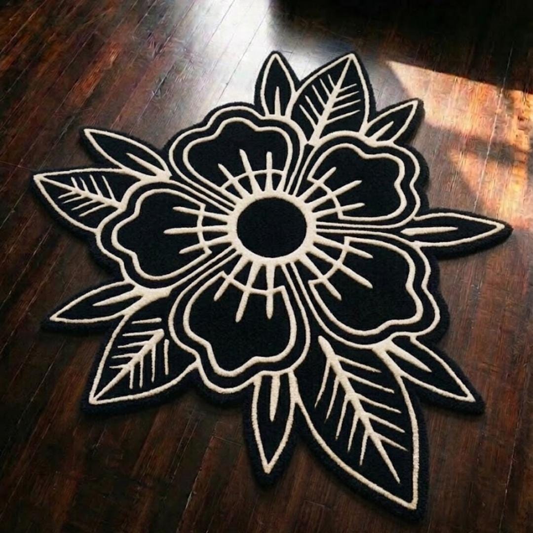 Tattoor Rug Traditional Blackwork Rose Tattoo Rug, Black Floral Rug, Hand Tufted ...